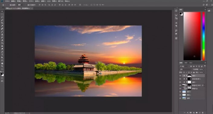 Photoshop抠图换背景教程：给故宫角楼建筑风景照换天空，打造晚霞风格。