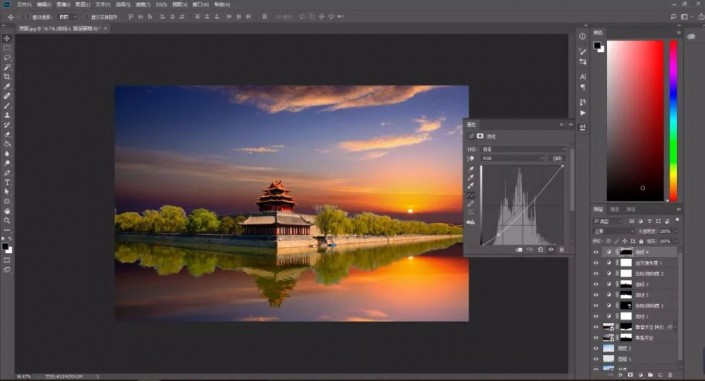 Photoshop抠图换背景教程：给故宫角楼建筑风景照换天空，打造晚霞风格。