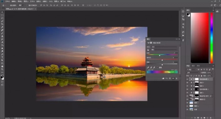 Photoshop抠图换背景教程：给故宫角楼建筑风景照换天空，打造晚霞风格。