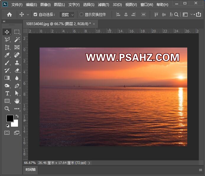 Photoshop调色教程：给清爽的湖景风景照调出火红的夕阳晚霞色彩。