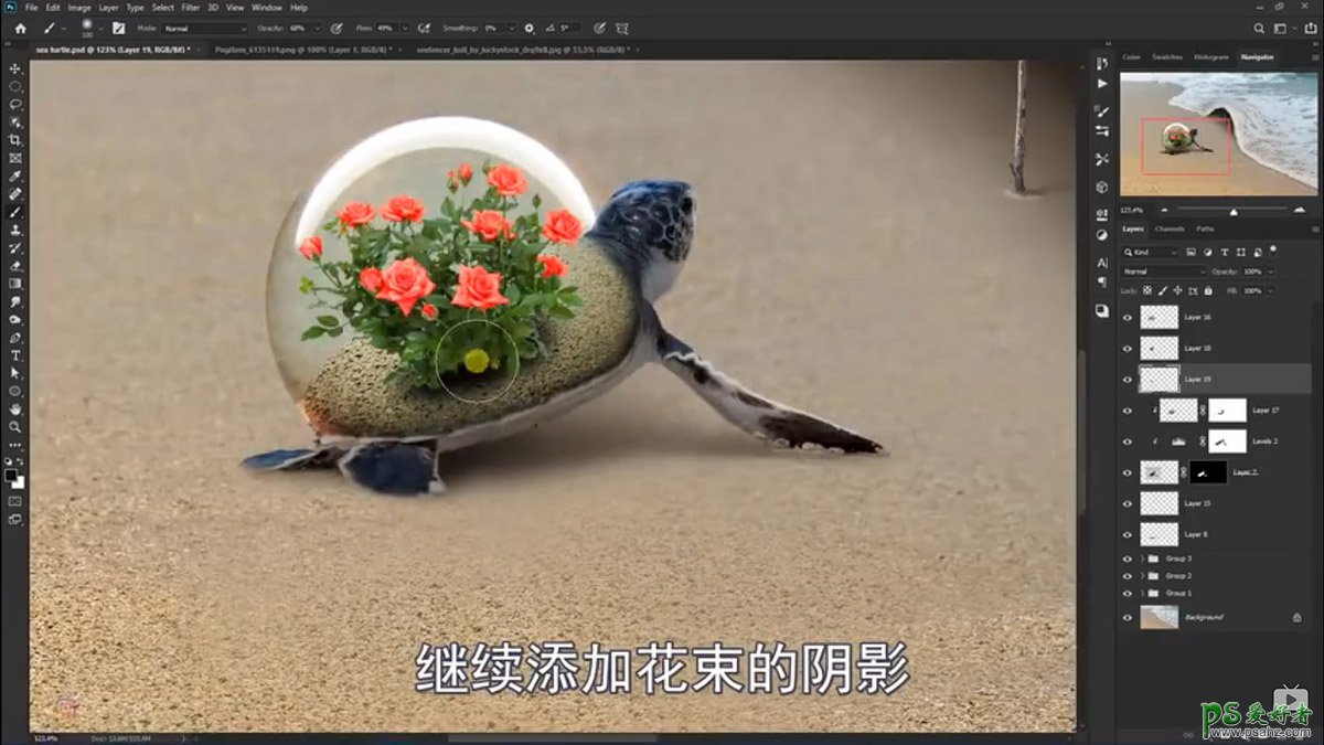 Photoshop创意合成小海龟走进掀开被子效果的海浪中，回家的海龟