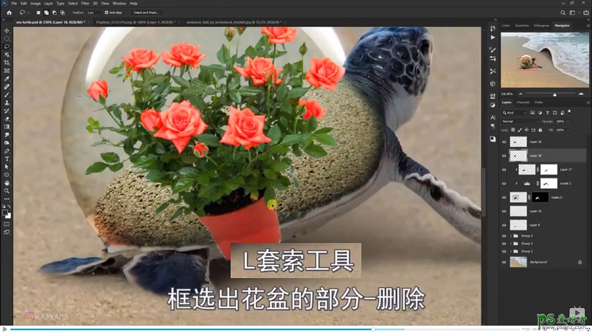 Photoshop创意合成小海龟走进掀开被子效果的海浪中，回家的海龟