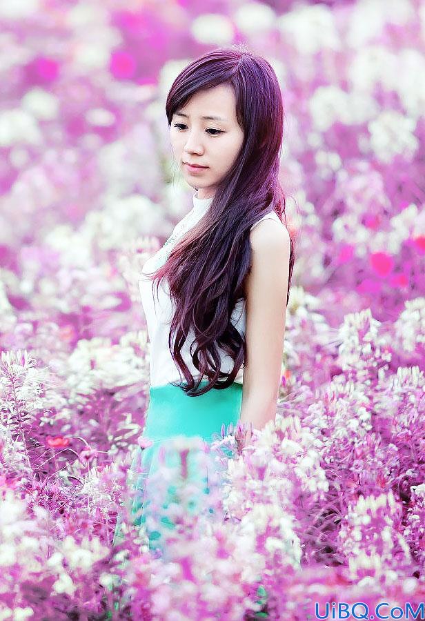 Photoshop调色教程：给小清新美女外景照调出唯美的淡紫色调。
