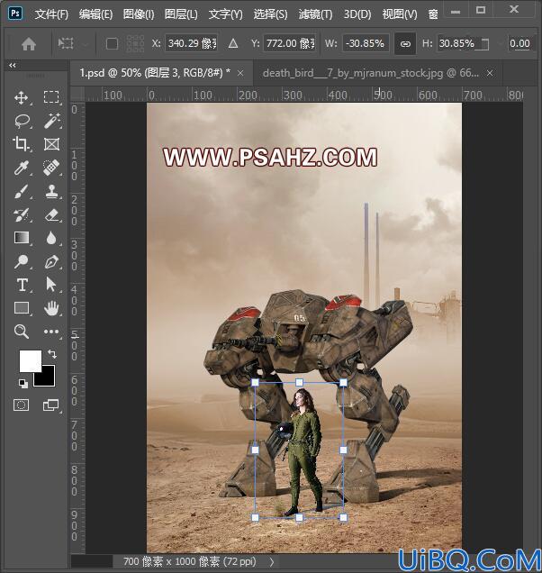 Photoshop创意合成美女与机器人的场景，机甲战争电影海报。