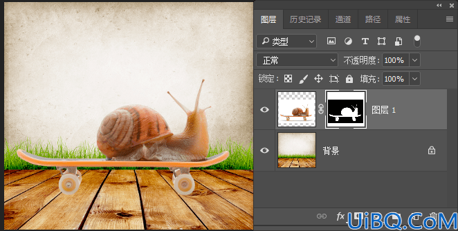 Photoshop抠动物教程：学习用图层蒙版工具快速抠出在滑板上的蜗牛图片。