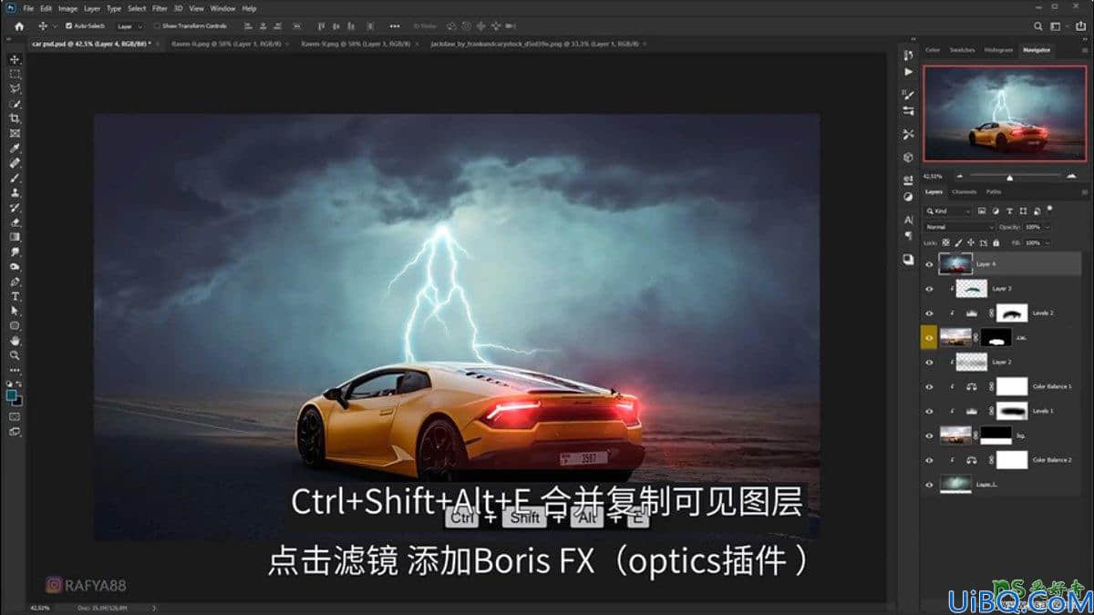 Photoshop合成雷暴天气中兰博基尼跑车快速驶过的场景特效。