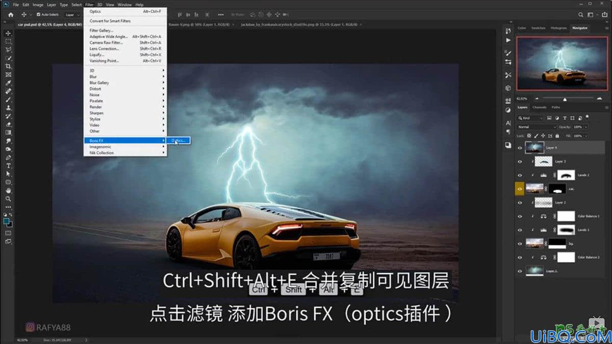 Photoshop合成雷暴天气中兰博基尼跑车快速驶过的场景特效。