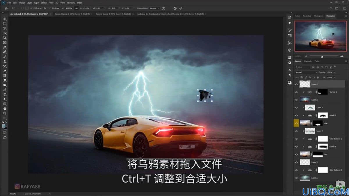 Photoshop合成雷暴天气中兰博基尼跑车快速驶过的场景特效。