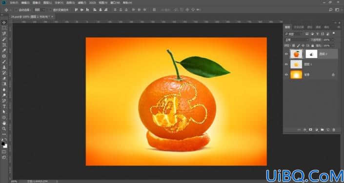 Photoshop创意合成教程：学习把可爱的米老鼠图案合成到桔子身上。