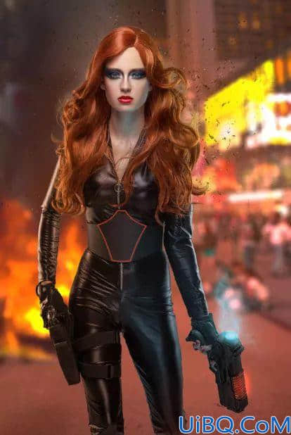 Photoshop海报合成教程：创意打造超炫的美女英雄枪战电影海报。