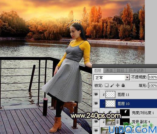 Photoshop给公园湖边自拍的少妇写真照调出漂亮的霞光色彩。