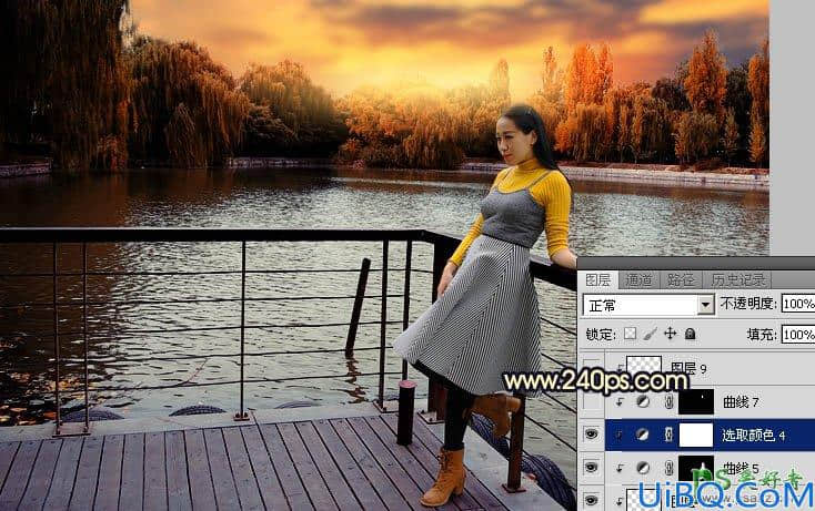 Photoshop给公园湖边自拍的少妇写真照调出漂亮的霞光色彩。