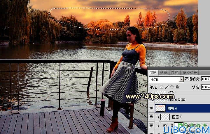 Photoshop给公园湖边自拍的少妇写真照调出漂亮的霞光色彩。