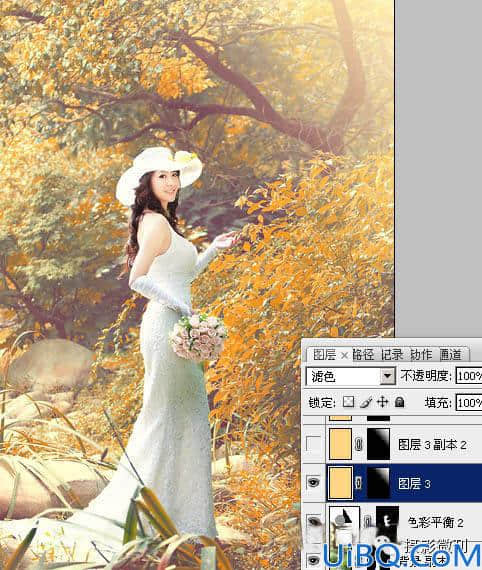 Photoshop婚纱后期调色教程：给性感长裙美女婚片调出橙黄色的唯美效果。