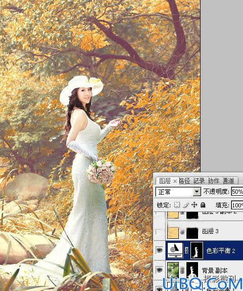 Photoshop婚纱后期调色教程：给性感长裙美女婚片调出橙黄色的唯美效果。