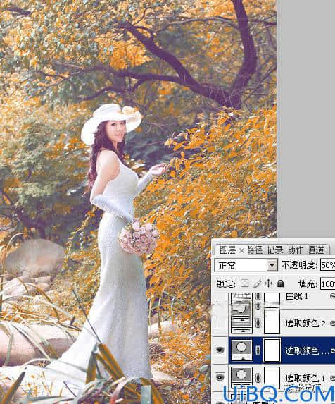 Photoshop婚纱后期调色教程：给性感长裙美女婚片调出橙黄色的唯美效果。