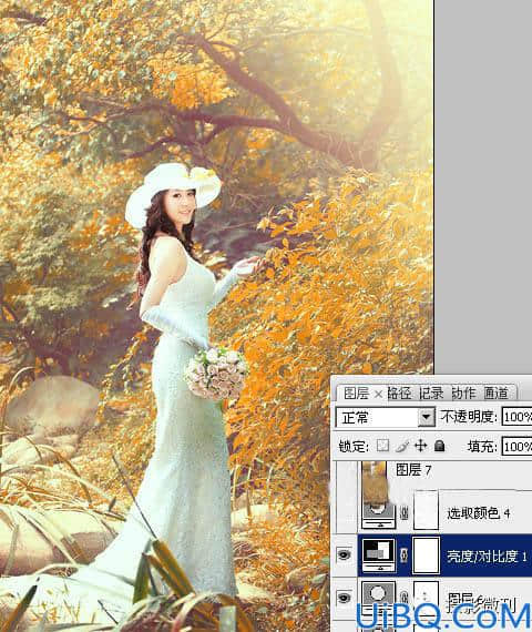 Photoshop婚纱后期调色教程：给性感长裙美女婚片调出橙黄色的唯美效果。