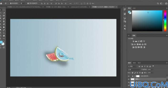 学习用Photoshop合成技术创意打造把小鱼儿装进西瓜皮的小屋子的场景。