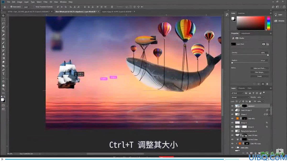 Photoshop创意合成热气球带着鲸鱼在天空中飞翔的场景。