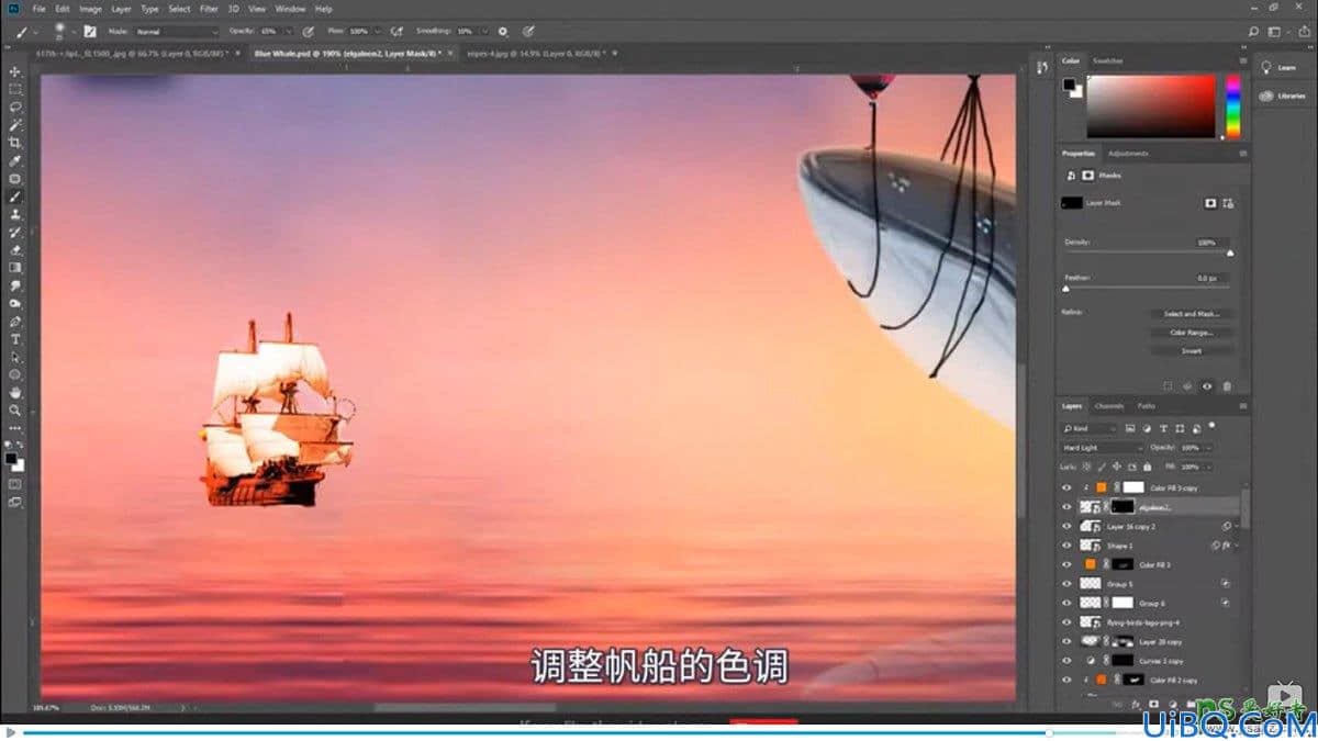 Photoshop创意合成热气球带着鲸鱼在天空中飞翔的场景。