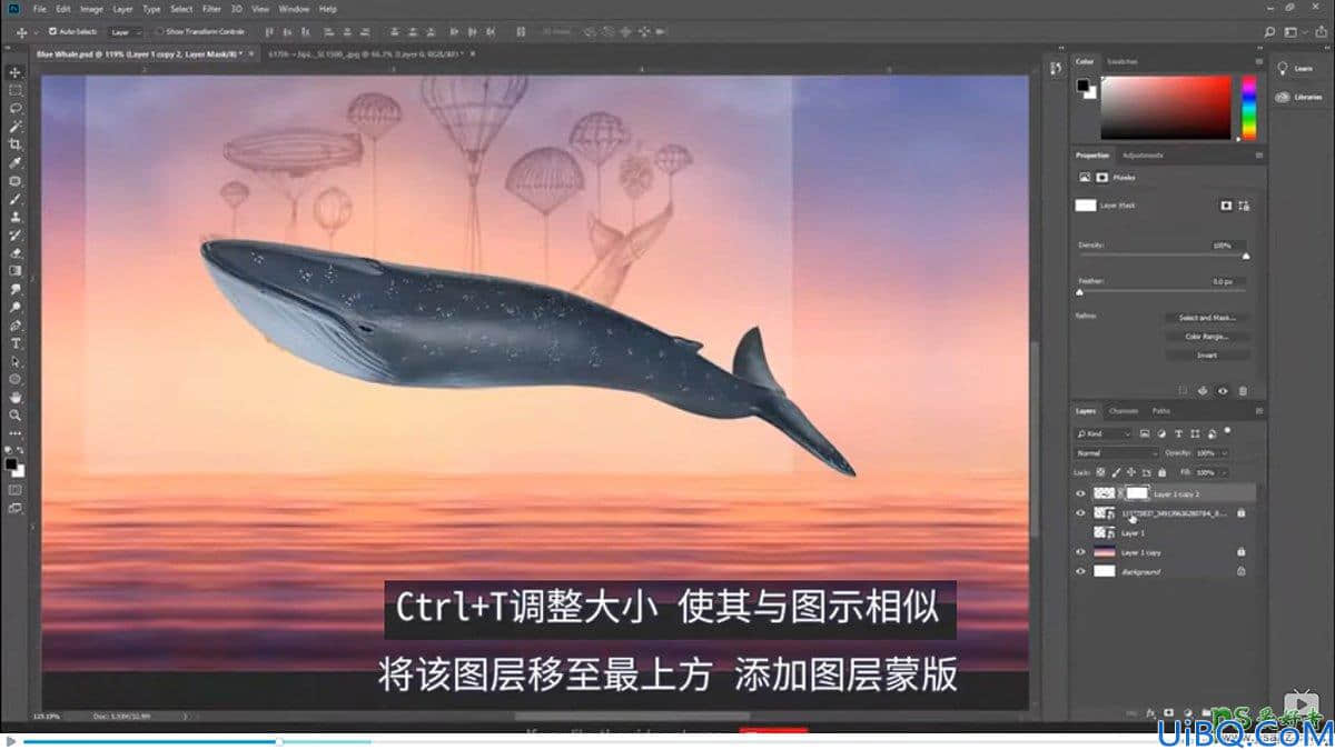 Photoshop创意合成热气球带着鲸鱼在天空中飞翔的场景。