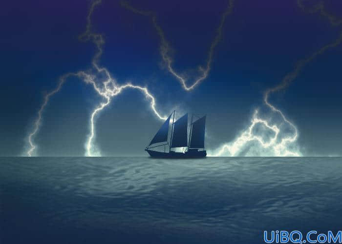 Photoshop手绘教程：制作暴风雨天气海上漂流的小船风景图。