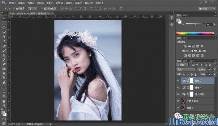 Photoshop调色教程：学习给偏色美少女艺术照调出蓝色艺术效果。