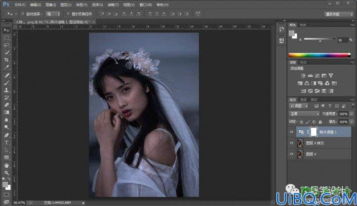 Photoshop调色教程：学习给偏色美少女艺术照调出蓝色艺术效果。