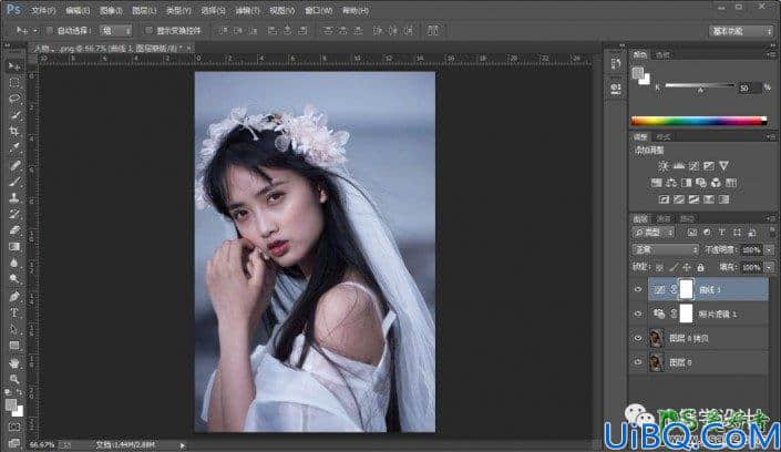 Photoshop调色教程：学习给偏色美少女艺术照调出蓝色艺术效果。