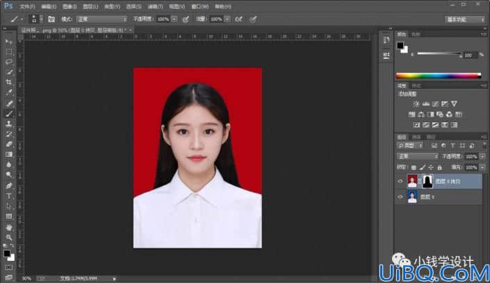 Photoshop证件照处理教程：利用替换颜色操作快速给女生证件照换底色。