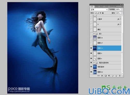 Photoshop创意合成海洋中的蓝色美人鱼，奇幻人鱼小姐姐。