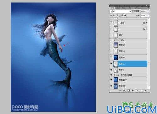 Photoshop创意合成海洋中的蓝色美人鱼，奇幻人鱼小姐姐。