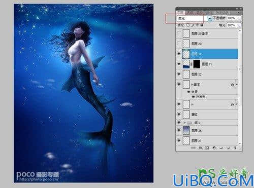 Photoshop创意合成海洋中的蓝色美人鱼，奇幻人鱼小姐姐。