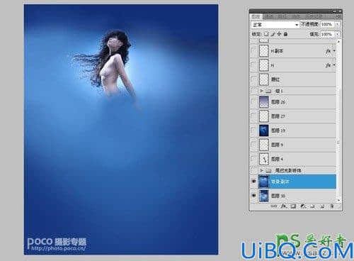 Photoshop创意合成海洋中的蓝色美人鱼，奇幻人鱼小姐姐。