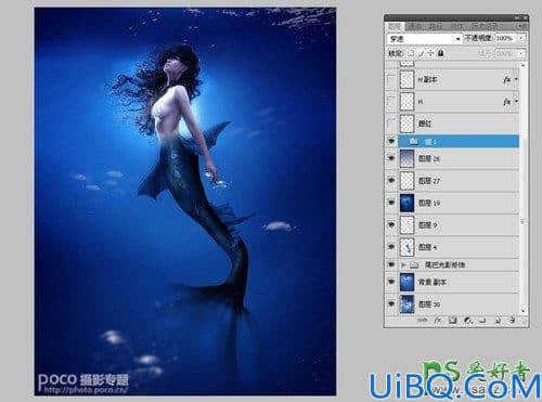 Photoshop创意合成海洋中的蓝色美人鱼，奇幻人鱼小姐姐。