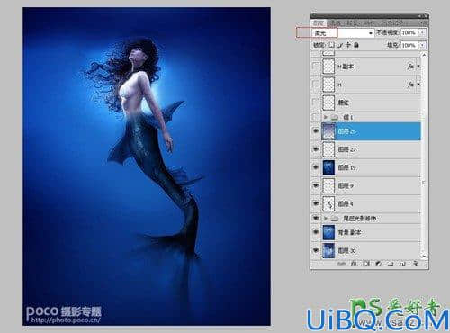 Photoshop创意合成海洋中的蓝色美人鱼，奇幻人鱼小姐姐。