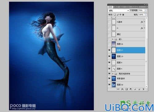 Photoshop创意合成海洋中的蓝色美人鱼，奇幻人鱼小姐姐。