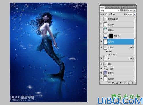 Photoshop创意合成海洋中的蓝色美人鱼，奇幻人鱼小姐姐。