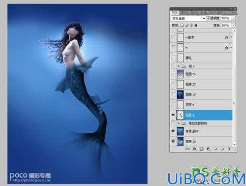 Photoshop创意合成海洋中的蓝色美人鱼，奇幻人鱼小姐姐。