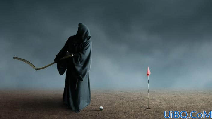 奇幻合成，合成一张鬼怪打高尔夫的场景照片