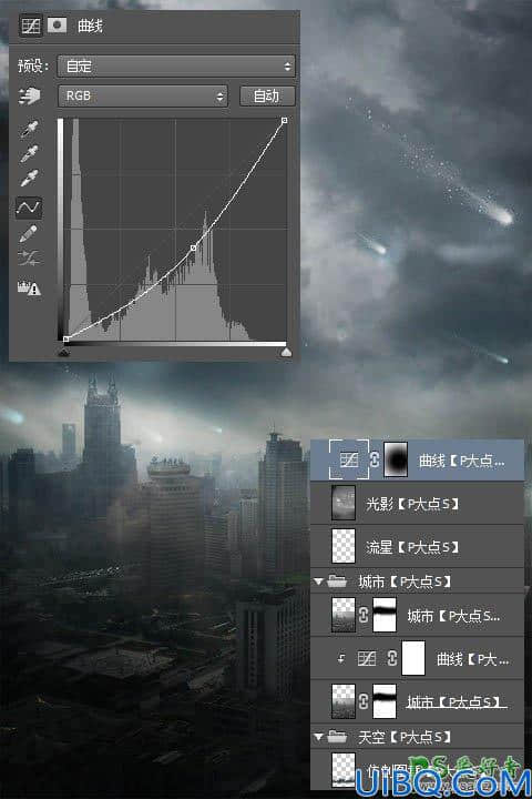 Photoshop创意合成灾难电影中流星袭击城市的场景。