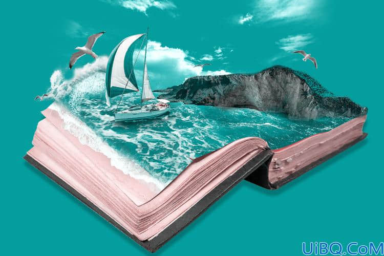 Photoshop合成教程：在书本上创意合成出海上世界的场景。