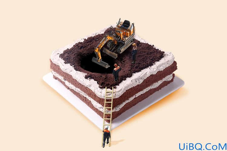 Photoshop合成教程：给巧克力蛋糕合成出建筑施工现场的场景。