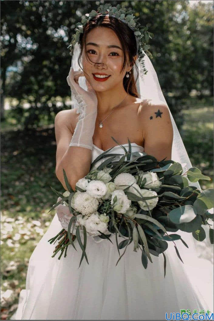 Photoshop美女调色教程：给婚纱照美女人像调出高级感的森系效果。
