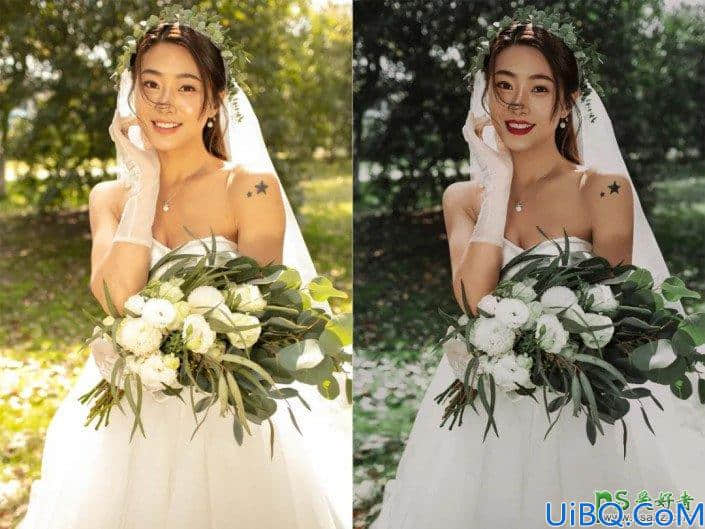 Photoshop美女调色教程：给婚纱照美女人像调出高级感的森系效果。
