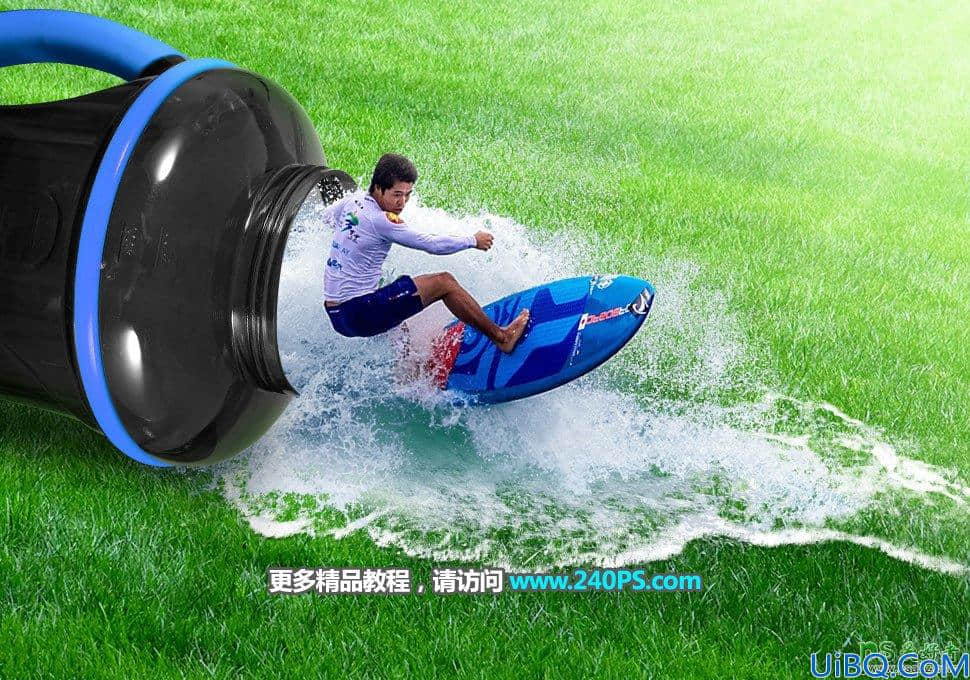 Photoshop人物特效场景合成：打造在水壶口冲浪的人物海报。