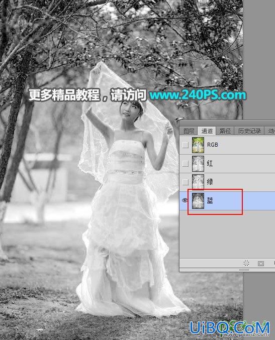 PS给树林中拍摄的丰满迷人少女婚纱照进行快速抠图换背景