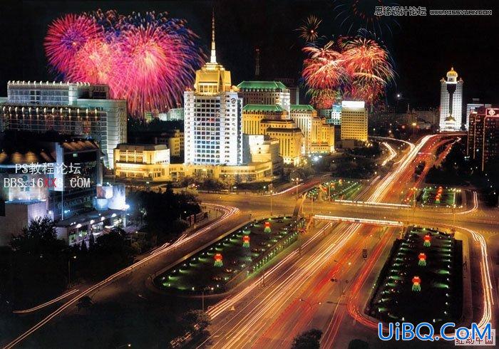 PS使用焰火素材合成夜景烟花效果