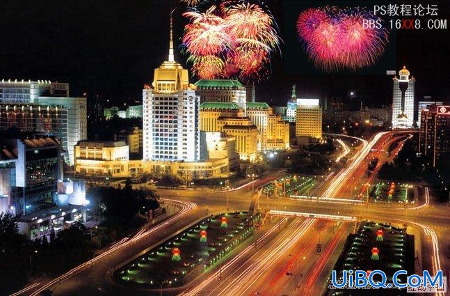 PS使用焰火素材合成夜景烟花效果