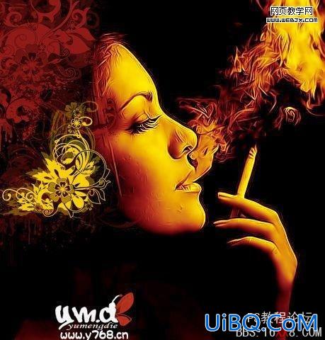PS教程:黄金质感色调抽烟美女